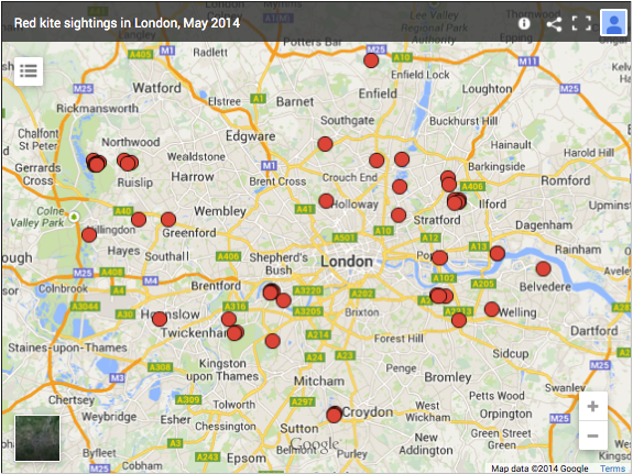 Map of red kite sightings in London, May 2014